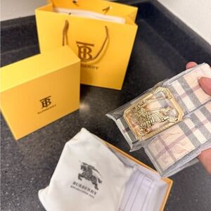 Burberry Gold Buckle Belt with Cream and Gray Check